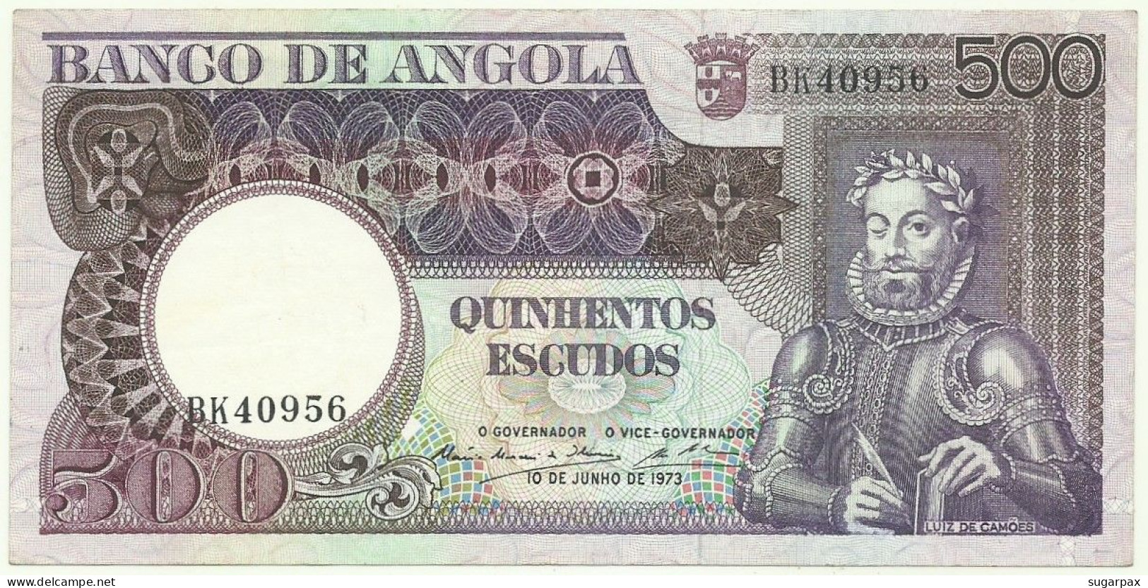 Angola - 500 Escudos - 10.6.1973 - Pick: 107 - Serie BK - Luiz De Camões - PORTUGAL - Angola