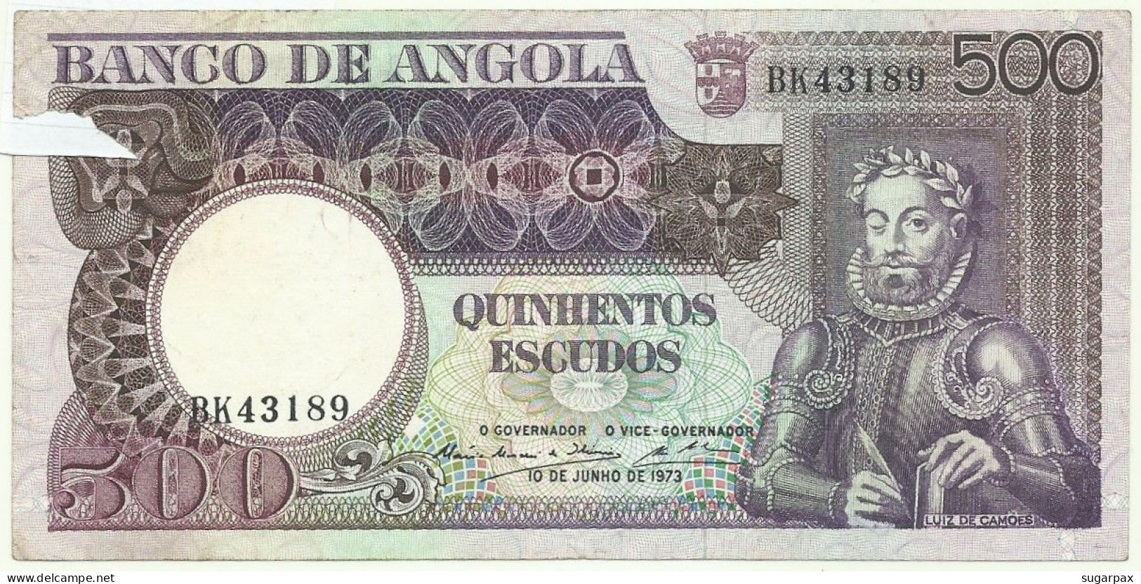 Angola - 500 Escudos - 10.6.1973 - Pick: 107 - Serie BK - Luiz De Camões - PORTUGAL - Angola