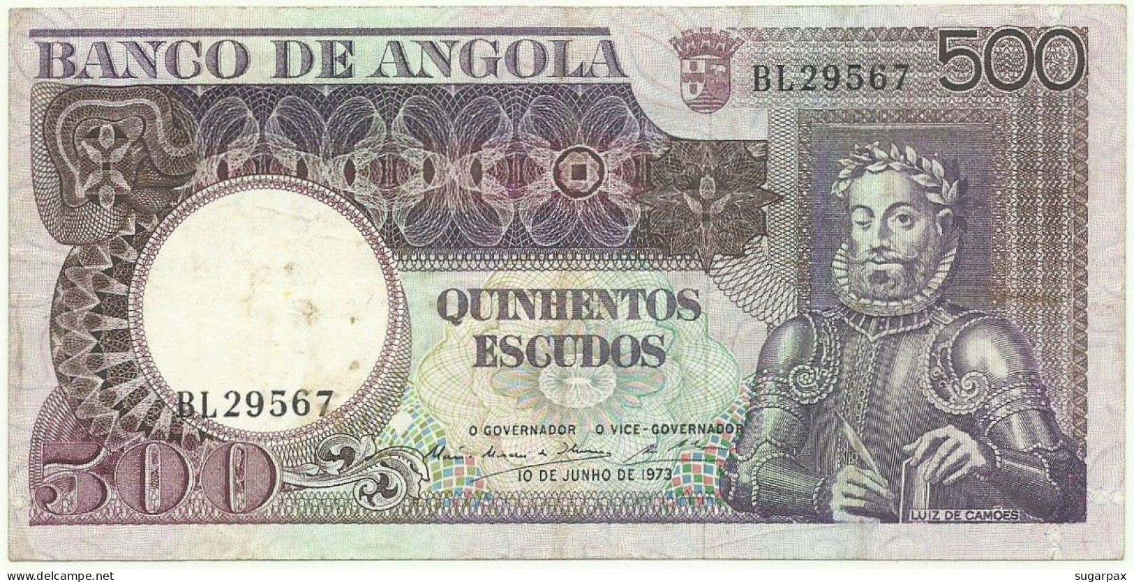 Angola - 500 Escudos - 10.6.1973 - Pick: 107 - Serie BL - Luiz De Camões - PORTUGAL - Angola