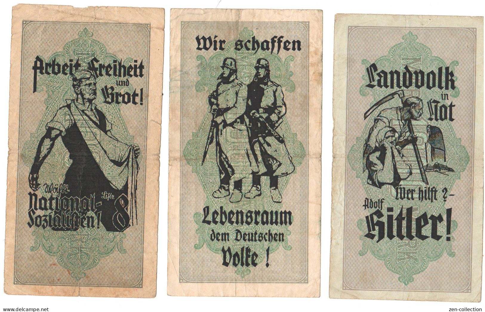 SALE 3 WW2 Germany Nazi Propaganda FORGERY Overprint On Genuine 1000 Mark 1923 Banknote Fine (tears) - Autres & Non Classés