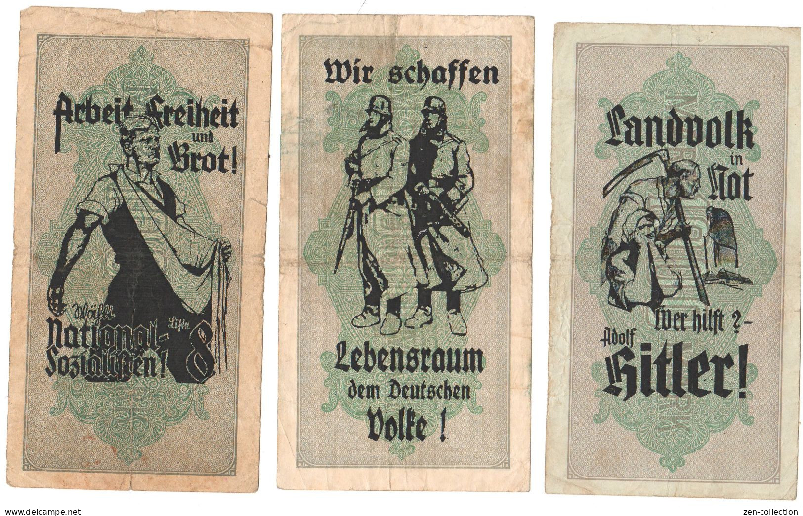 SALE 3 WW2 Germany Nazi Propaganda FORGERY Overprint On Genuine 1000 Mark 1923 Banknote Fine (tears) - Otros & Sin Clasificación