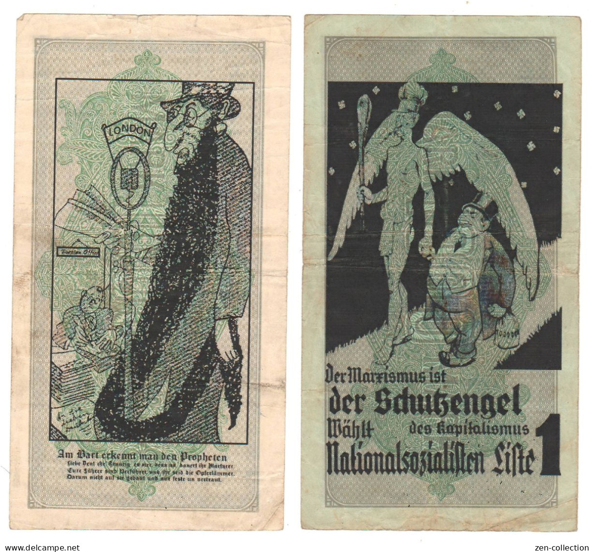 TWO WW2 Germany Nazi Propaganda FORGERY Overprint On Genuine 1000 Mark 1923 Banknote VF- - Other & Unclassified