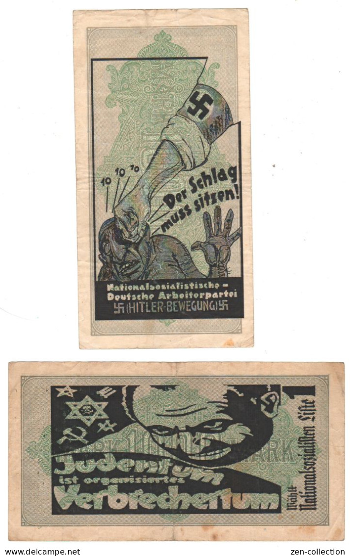 TWO WW2 Germany Nazi Propaganda FORGERY Overprint On Genuine 1000 Mark 1923 Banknote VF- - Other & Unclassified