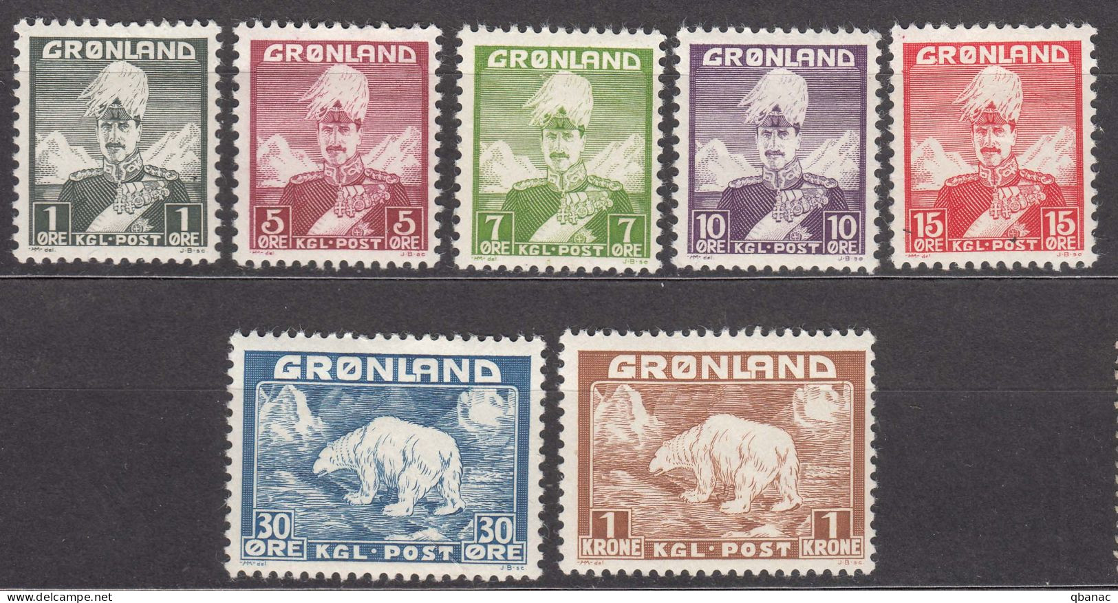 Greenland 1938 Polar Bear Mi#1-7 Mint Hinged - Unused Stamps