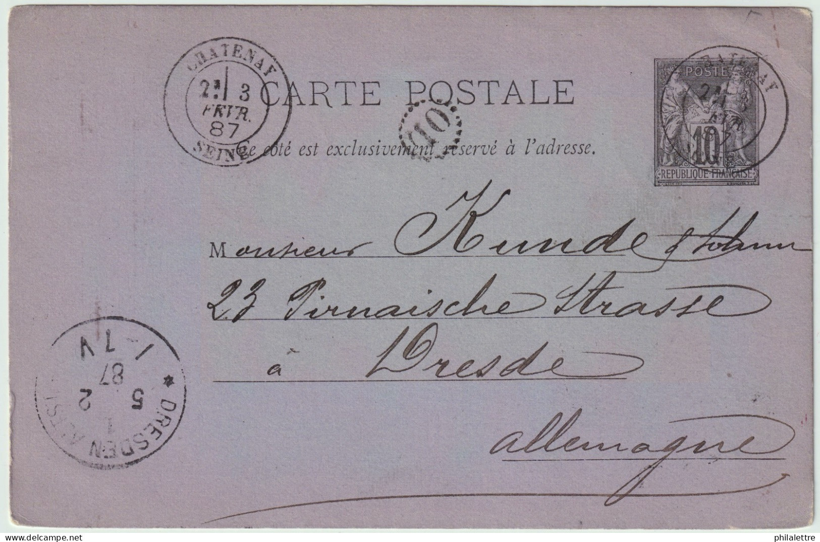 FRANCE 1887 Cachet "OL" Cercle Pointillé Sur CP 10c Sage De "CHATENAY / SEINE" (t.18) à DRESDE, Allemagne - 1877-1920: Periodo Semi Moderno