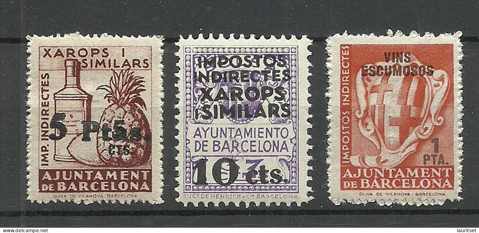 SPAIN Espana 1930ies Barcelona Local Issue Tax Revenue Taxe  Alcohol Tax, 3 Pcs,  MNH - Barcelone