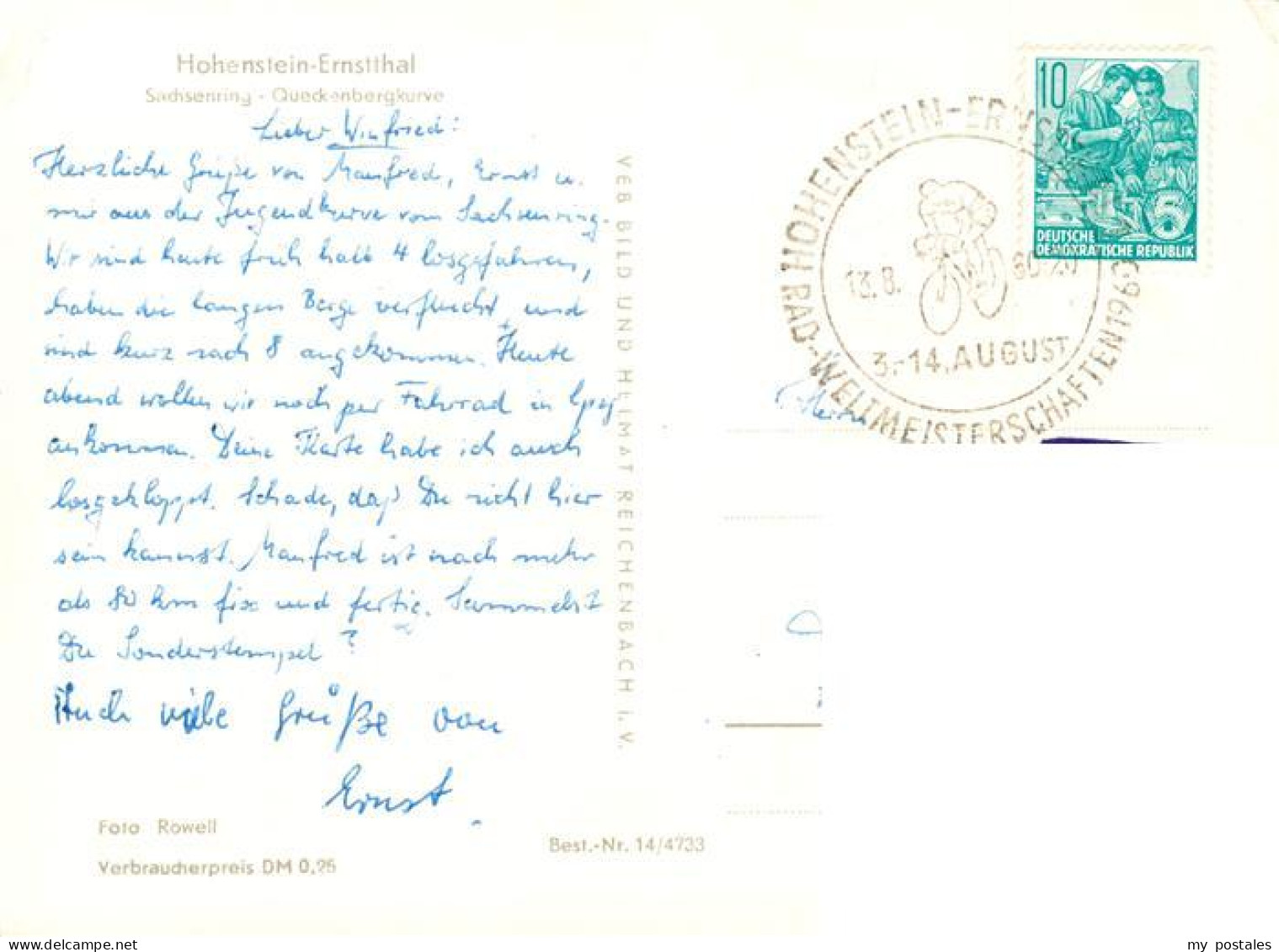73873186 Hohenstein-Ernstthal Rad-Weltmeisterschaften 1960 Erinnerungskarte Hohe - Hohenstein-Ernstthal