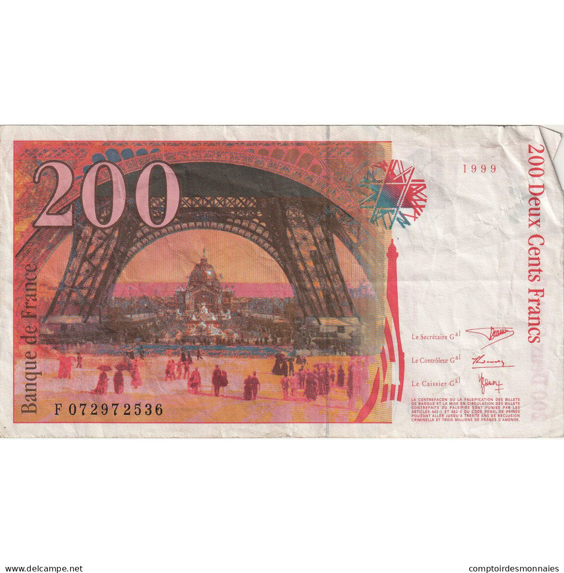 France, 200 Francs, Eiffel, 1999, F072972536, TTB+, Fayette:75.5, KM:159b - 200 F 1995-1999 ''Eiffel''