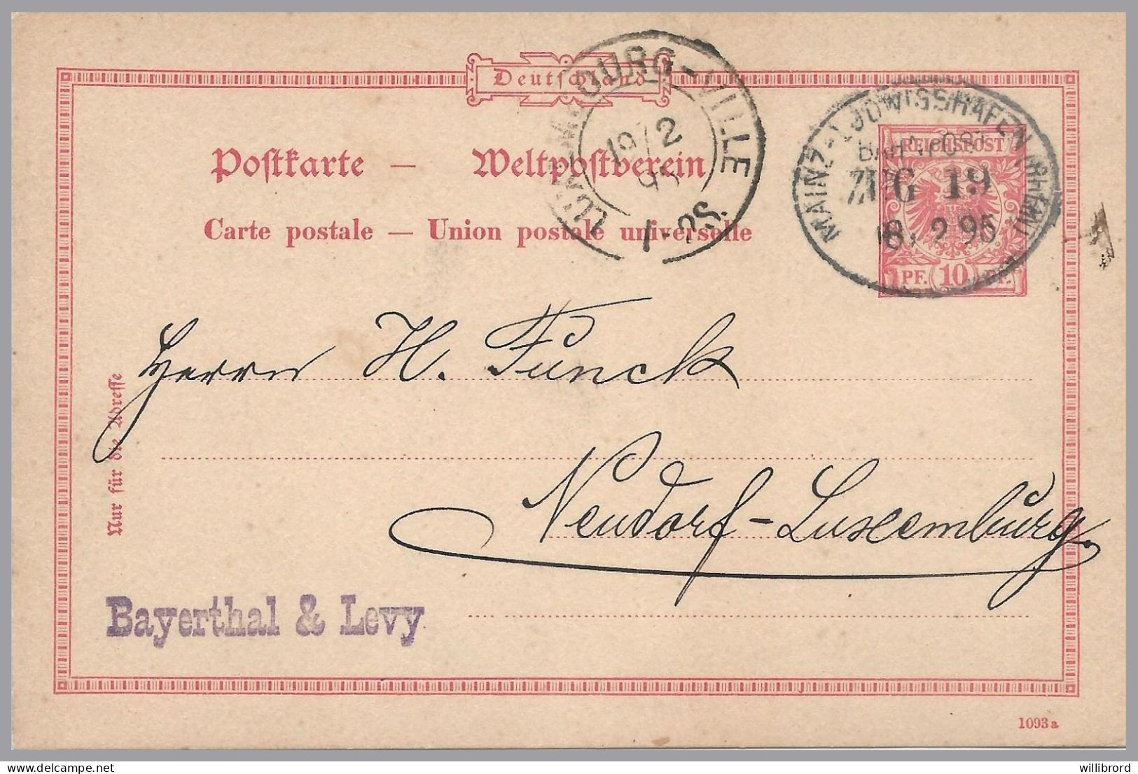 GERMANY Incoming To LUXEMBOURG-NEUDORF 1895 Mainz-Ludwigshafen (Rhine) Bahnpost Zug 19 RPO Bayerthal & Levy - Autres & Non Classés