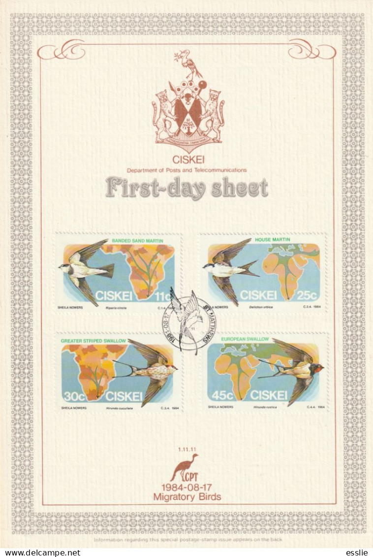 Ciskei - 1984 - Migratory Birds - First Day Sheet - Medium - Ciskei