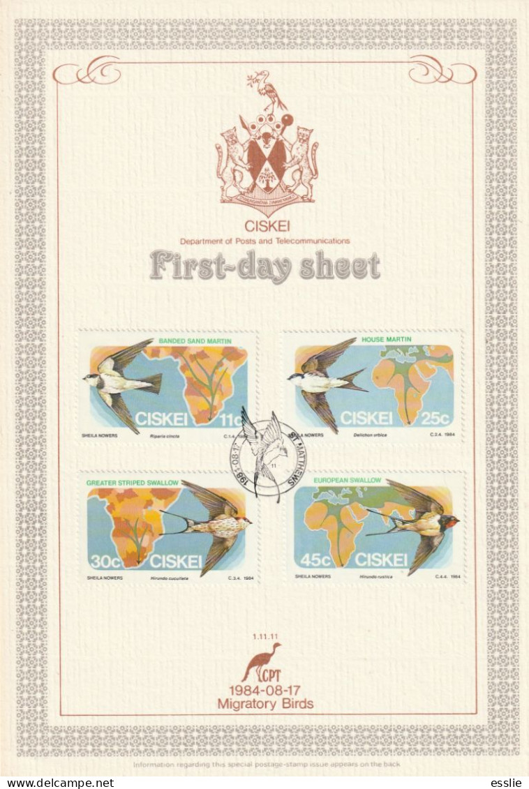 Ciskei - 1984 - Migratory Birds - First Day Sheet - Medium - Hirondelles