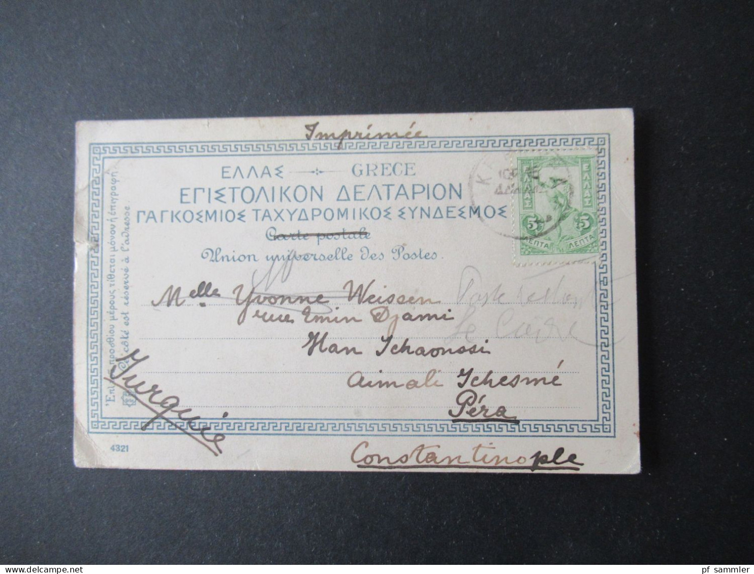 Griechenland 1905 PK Paysan De Corfu / Korfu Nach Constantinople Gesendet / Poste Restante Vermerk - Storia Postale