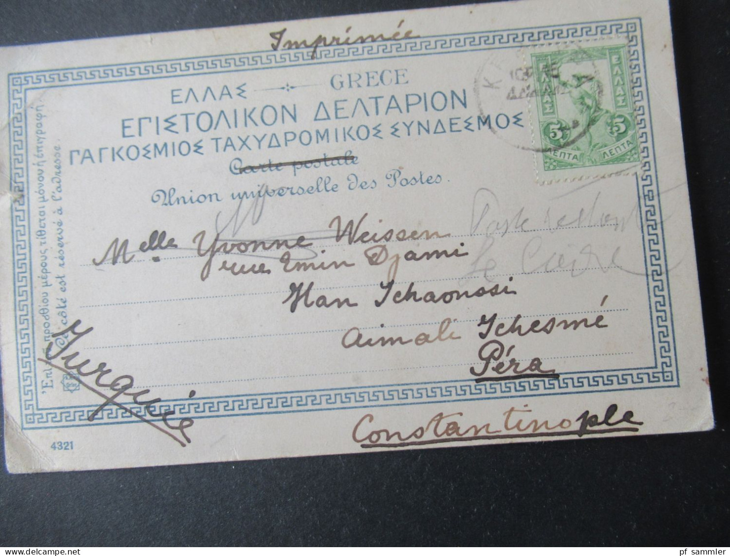 Griechenland 1905 PK Paysan De Corfu / Korfu Nach Constantinople Gesendet / Poste Restante Vermerk - Briefe U. Dokumente