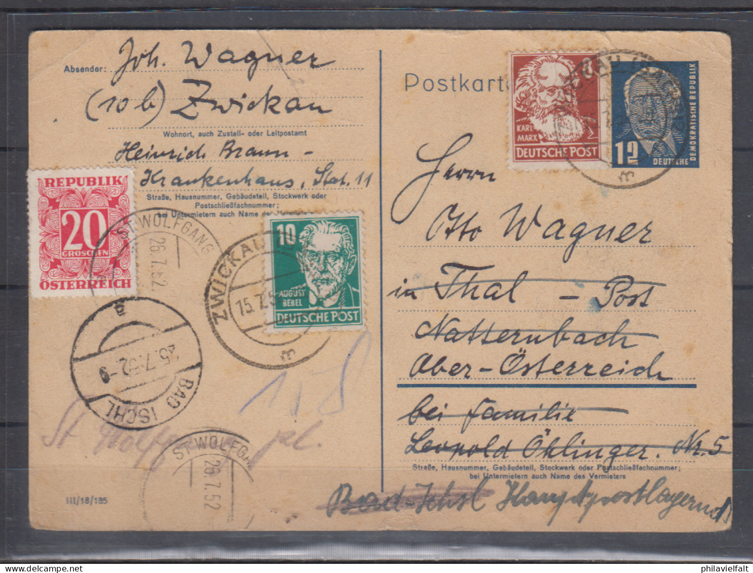 DDR Ganzsache MiNo. P 50 ZuF 329,330 Als Nachsendekarte Zwickau /15.7.52 Nach Österreich Mit Nachporto - Cartes Postales - Oblitérées