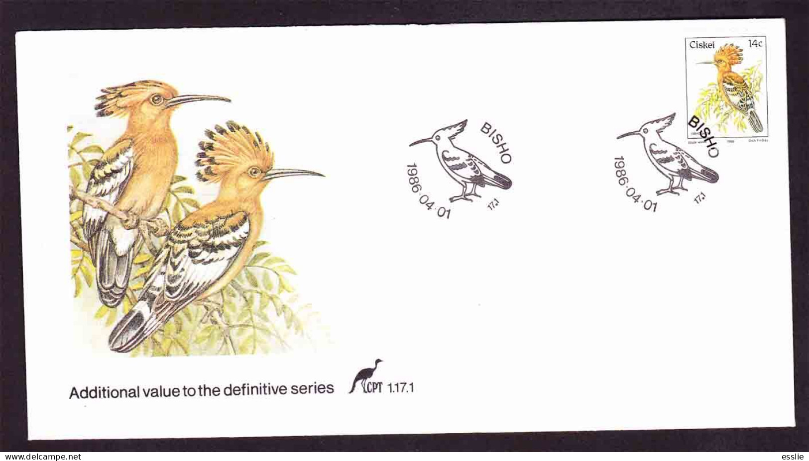 Ciskei - 1986 (1981) - Birds First Definitive - Additional Value - Hoopoe - First Day Cover - Small - Cuckoos & Turacos