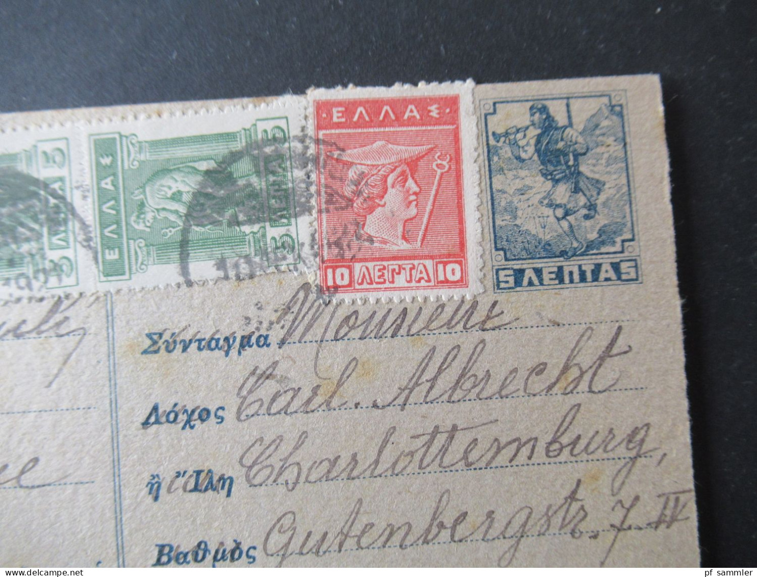 Griechenland 1921 GA Feldpostkarte Aus Der Heimat P1 Mit 4x Zusatzfrankatur Nach Berlin Charlottenburg Gesendet - Postal Stationery