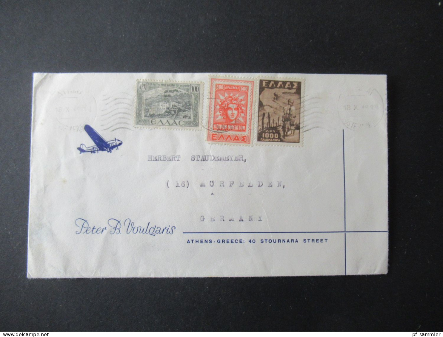 Griechenland 1949 Luftpost Umschlag Mit Flugzeug / Verschlepte Griechische Kinder Mi.Nr.561 MiF Nach Mürfelden Gesendet - Cartas & Documentos