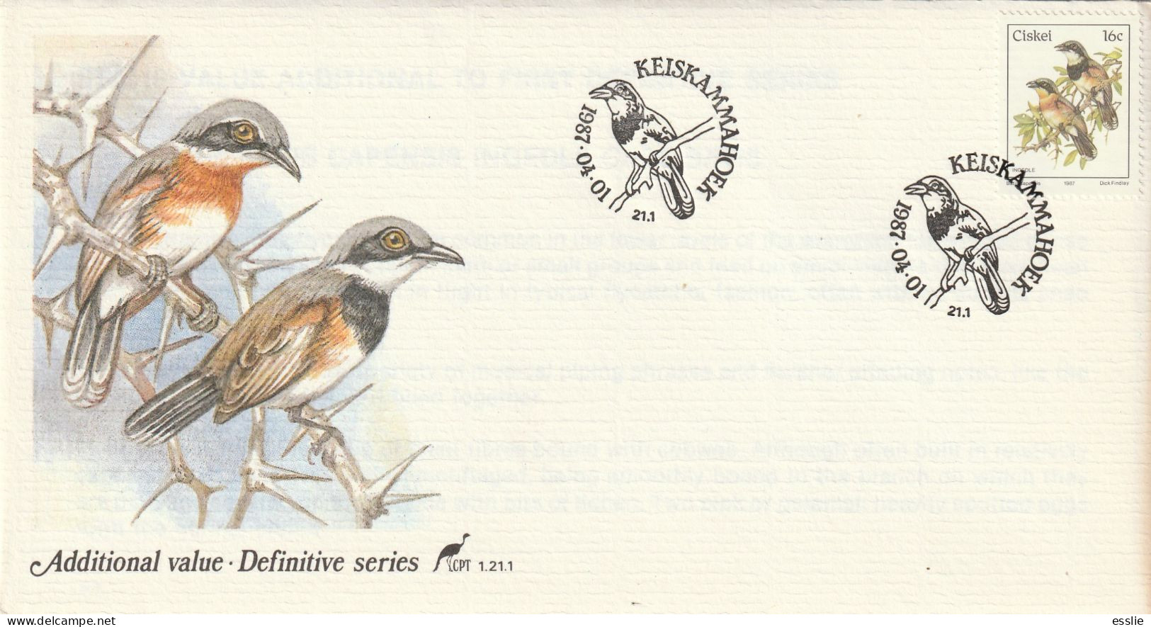 Ciskei - 1987 (1981) - Birds First Definitive - Additional Value - Cape Batis - First Day Cover - Small - Ciskei