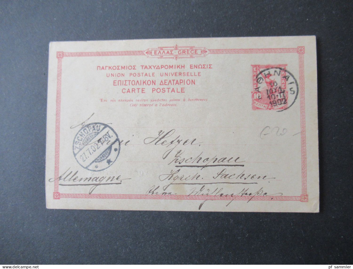 Griechenland 1902 Ganzsache / Bild PK Souvenir De Athenes Vue D'Athenes Nach Zschopau Gesendet - Postwaardestukken