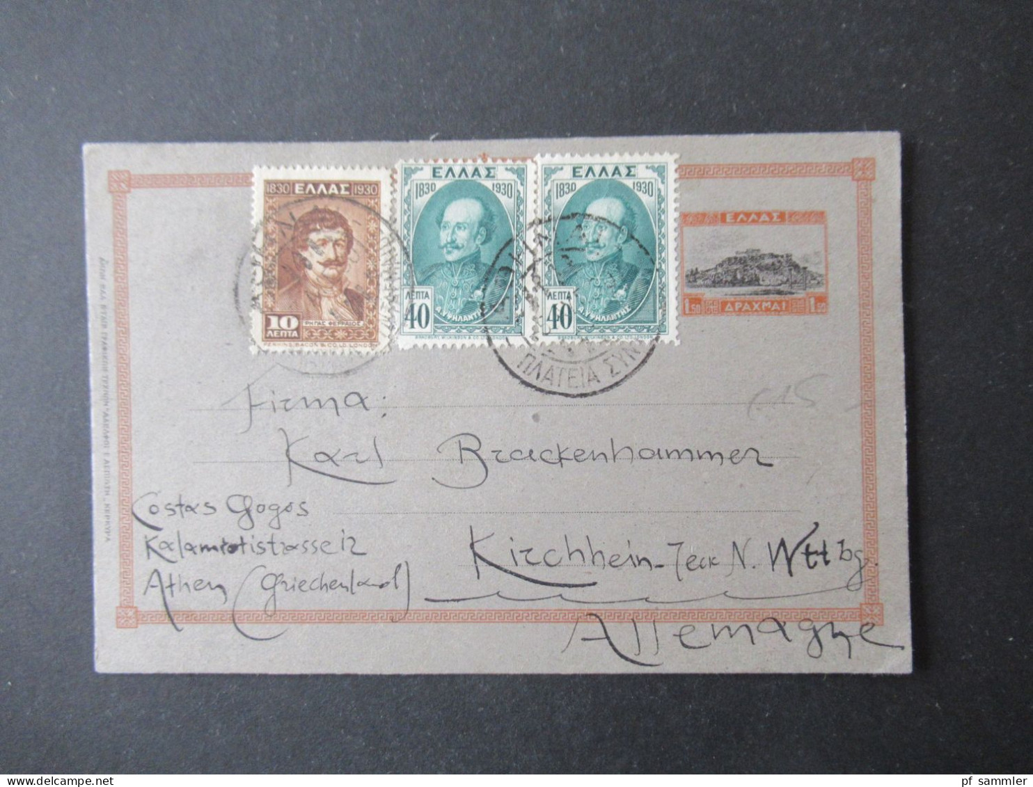 Griechenland 1930 Ganzsache P 39 Mit 3x Zusatzfrankatur Auslands PK Athen Nach Kirchheim Teck - Enteros Postales