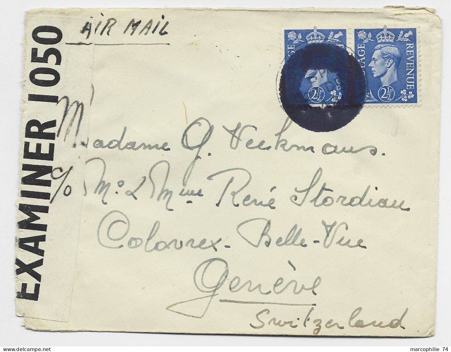 ENGLAND 2D 1/2X2 LETTRE COVER AIR MAIL LONDON TO GENEVE + CENSURE + ANNULATION - Postmarks