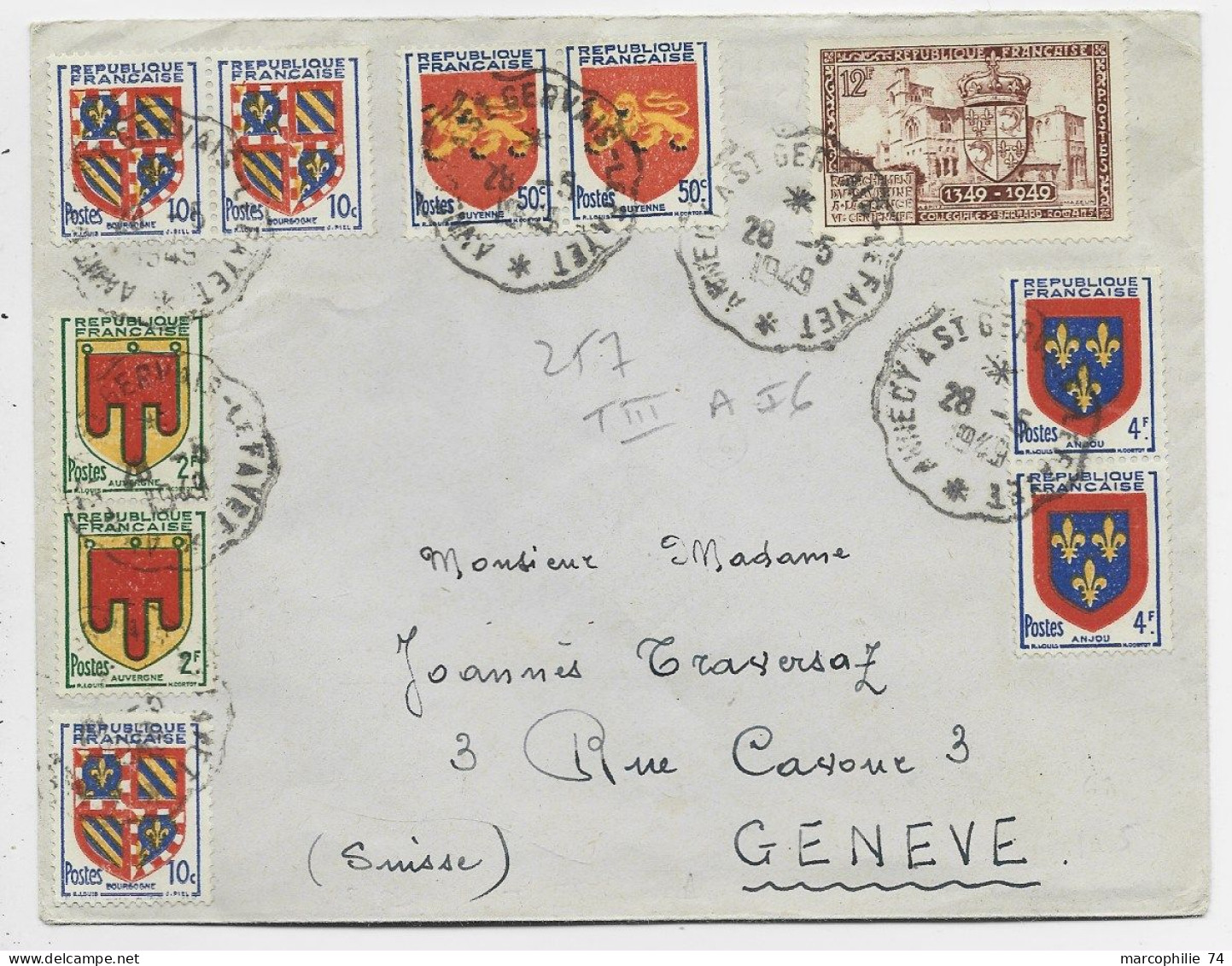 BLASON  DIVERS +12FR LETTRE CONVOYEUR ANNECY A ST GERVAIS AU FAYET 28.5.1949 POUR SUISSE - 1941-66 Wapenschilden