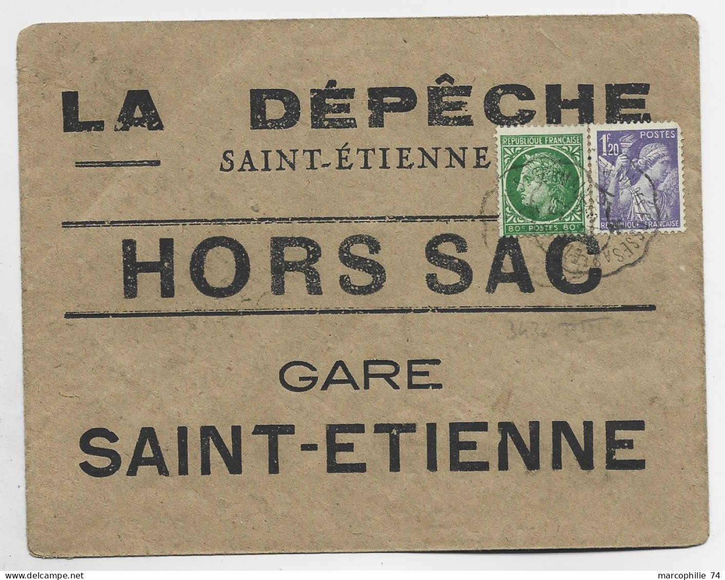 MAZELIN 80C + IRIS 1FR20  LETTRE HORS SAC ST ETIENNE 1945  AU TARIF - 1945-47 Ceres Of Mazelin