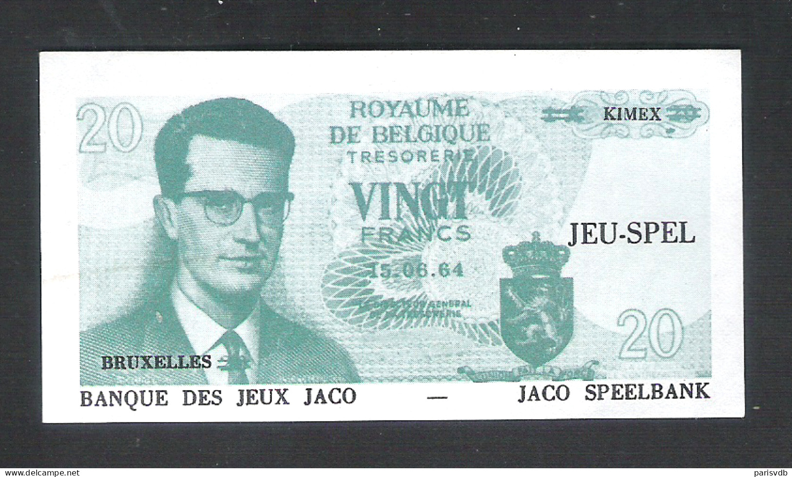 BANKBILJET 20 F - JACO SPEELBANK - BANQUE DE JEUX - KIMEX BRUXELLES  - 9,5 Cm X 5 Cm  (BB 18) - [ 8] Fictifs & Specimens