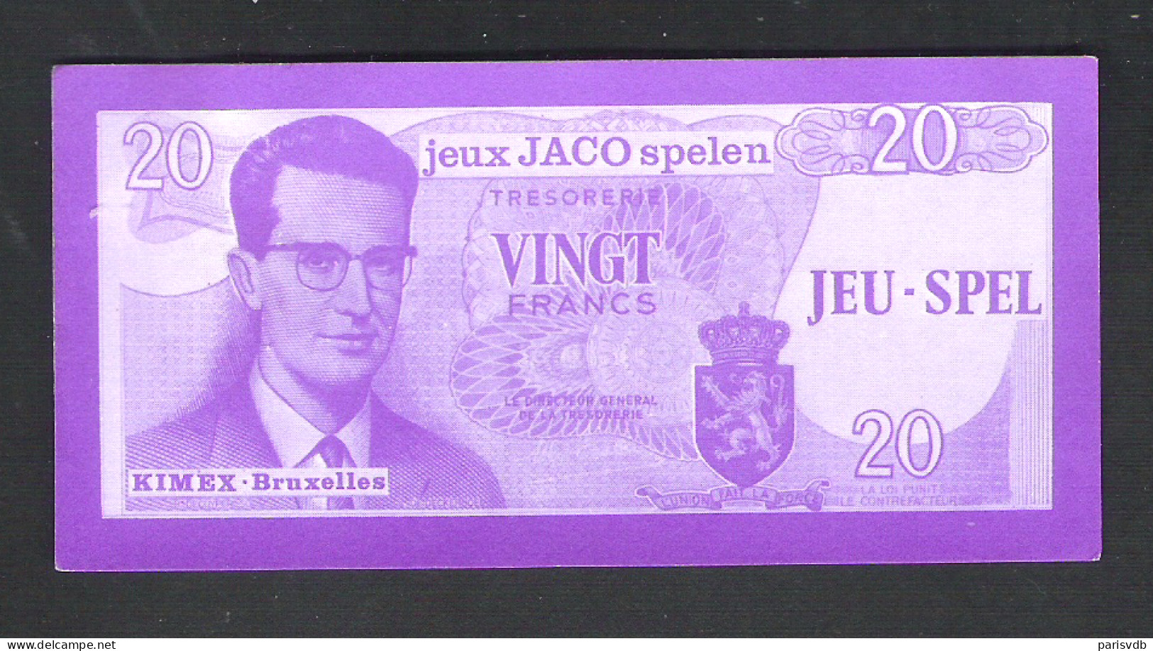 BANKBILJET 20 F - JACO SPELEN - JEUX - KIMEX BRUXELLES  - 11 Cm X 5 Cm  (BB 19) - [ 8] Finti & Campioni