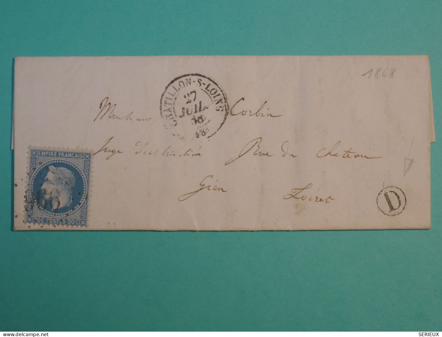 DH16 FRANCE  BELLE  LETTRE 1868 CASTILLON  + CACHET D  +NAPOLEON   N°29 +AFF. INTERESSANT+++ - 1849-1876: Classic Period