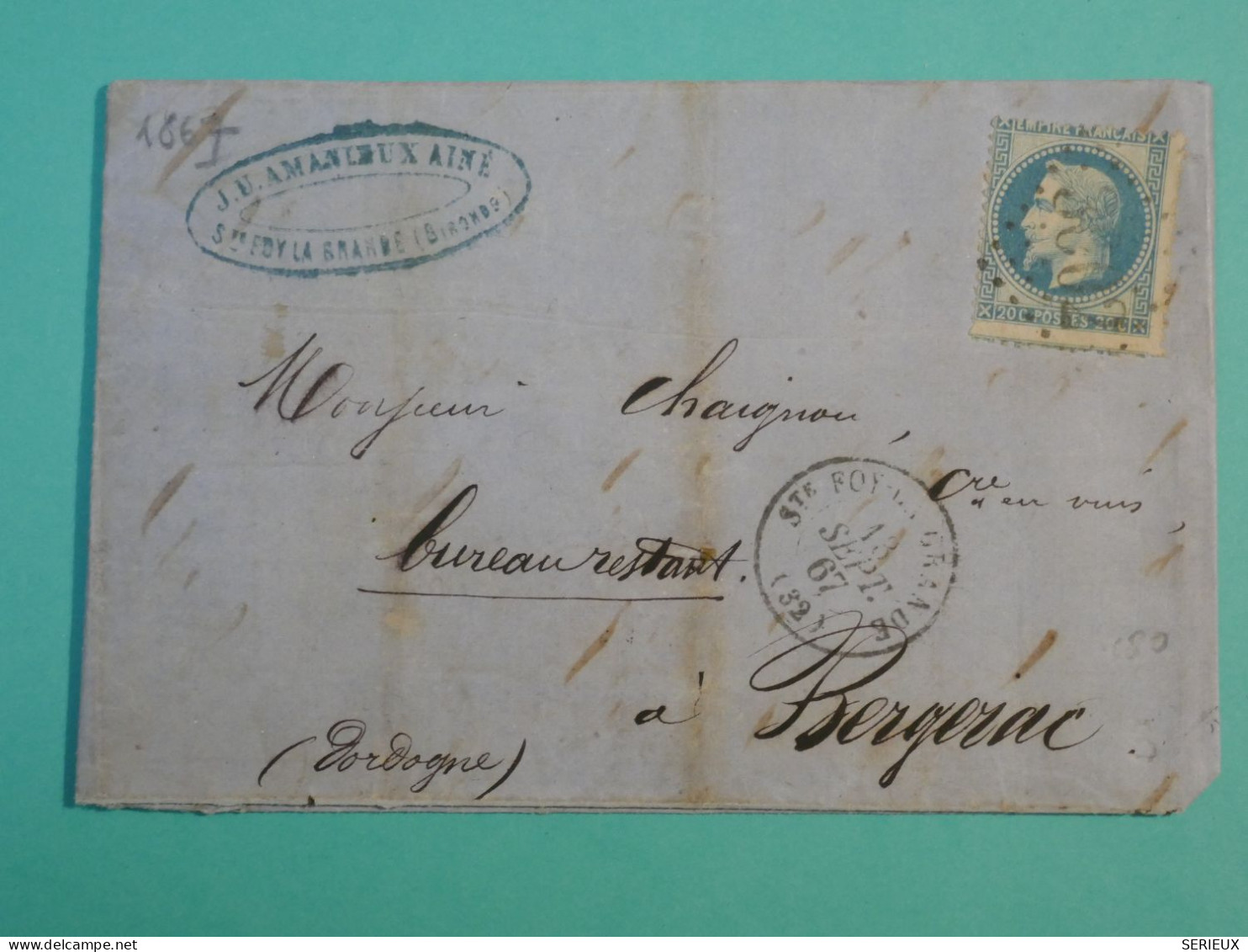 DH16 FRANCE  BELLE  LETTRE 1867 STE FOIX A BERGERAC   + +NAPOLEON   N°29 +AFF. INTERESSANT+++ - 1849-1876: Classic Period