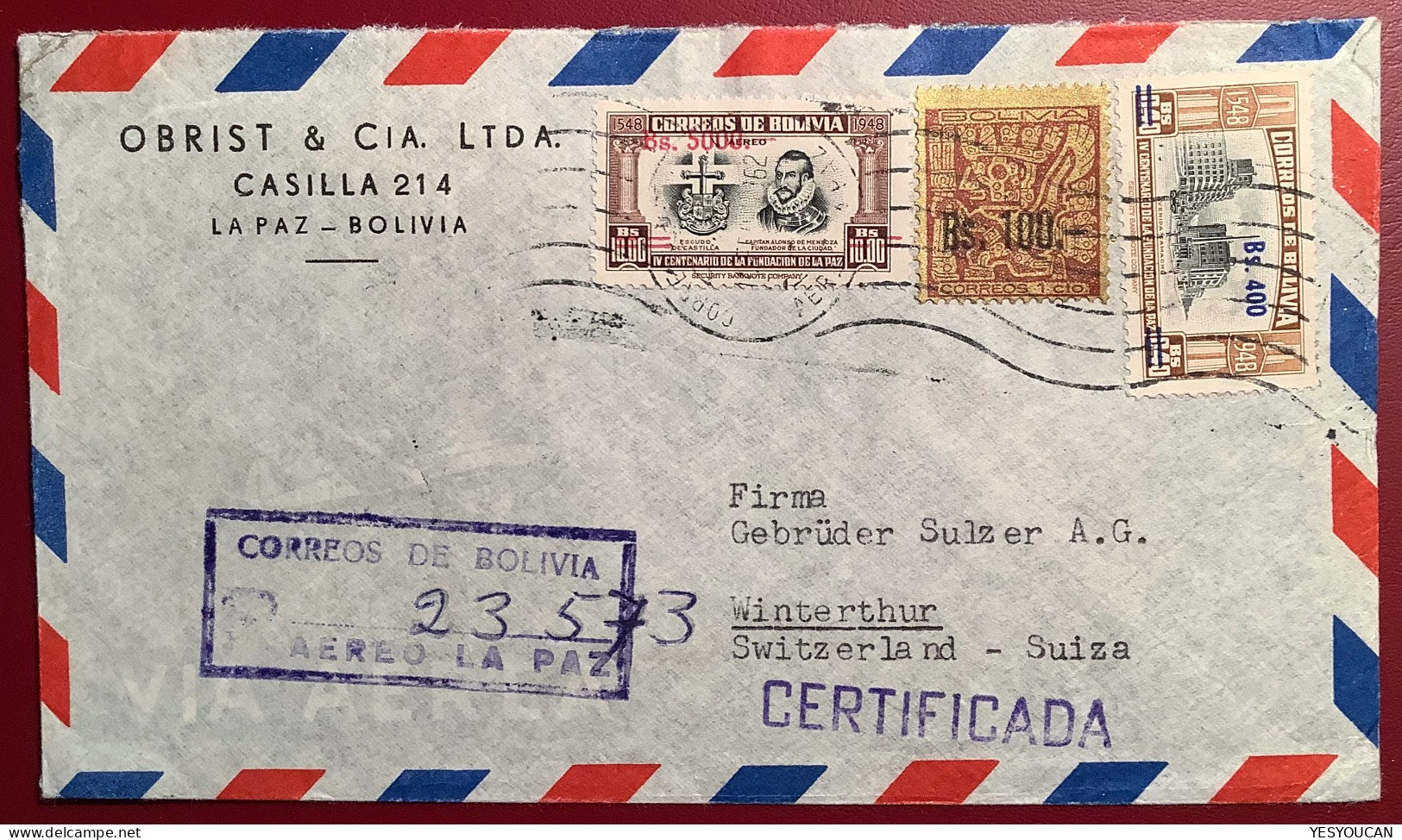 1961 Scarce Gold Stamp Lake Titicaca Pre-Colombian Art+Fundacion De La Paz Air Mail Cover>Sulzer, Winterthur (Bolivia - Bolivien