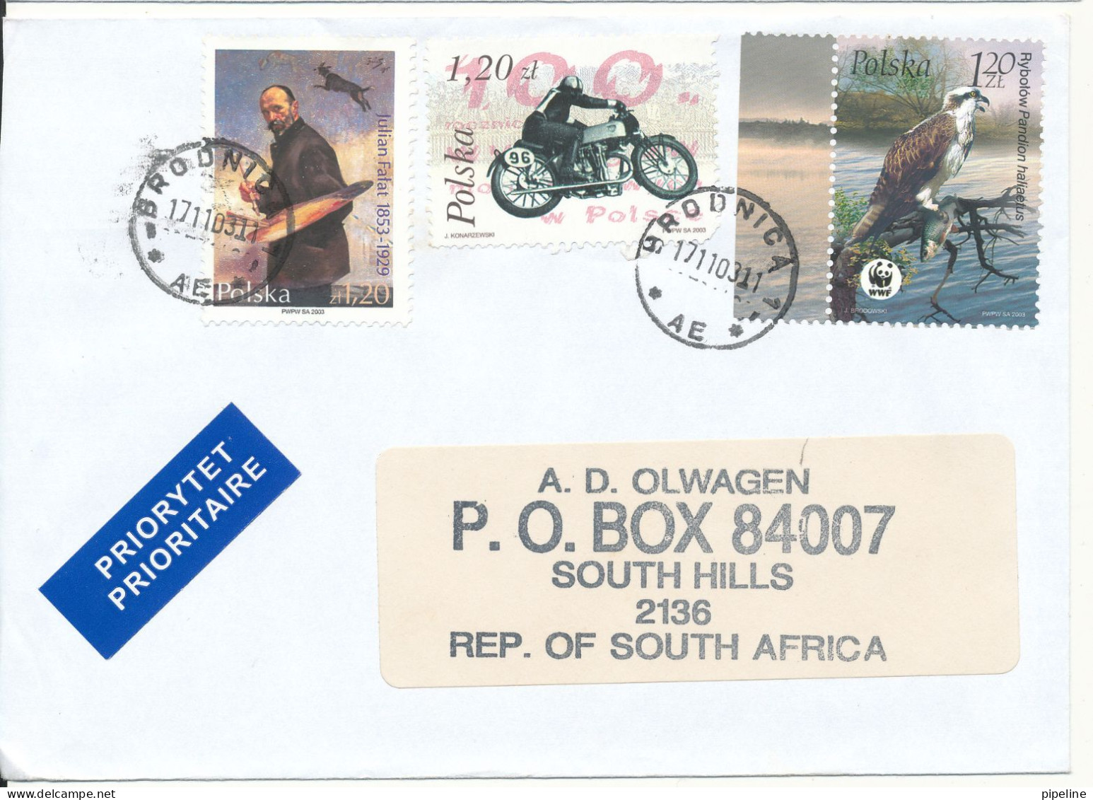 Poland Cover Sent To South Africa Brodnica 17-11-2003  Topic Stamps Incl. WWF Bird Stamp - Lettres & Documents