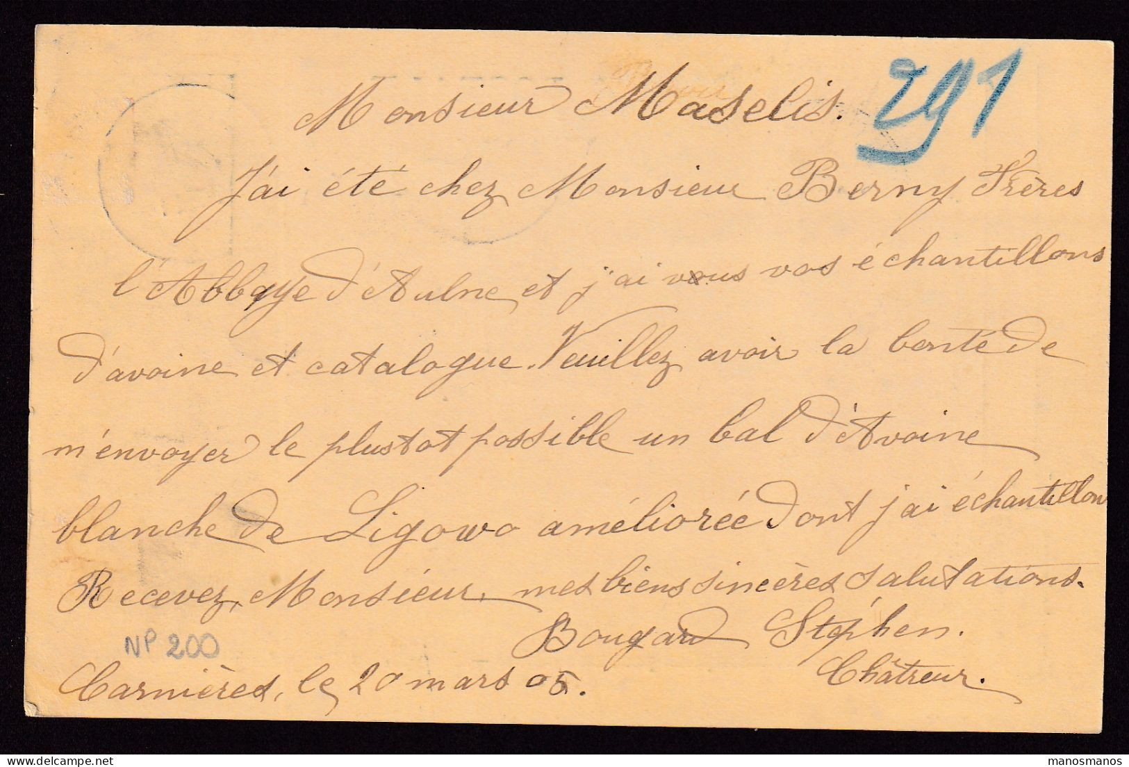 665/40 - Archive Louis MASELIS Roulers -  Entier Postal Armoiries CARNIERES 1905 - Signé Stephen Bougard , Chatreur (!) - Postcards 1871-1909