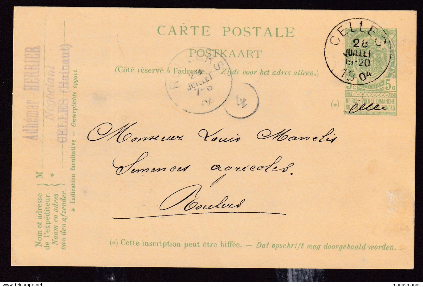 666/40 - Archive Louis MASELIS Roulers -  Entier Postal Armoiries CELLES 1904 - Cachet Adhémar Herrier , Négociant - Cartes Postales 1871-1909