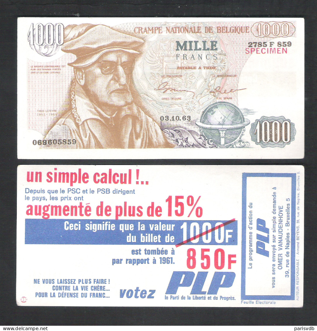 BANKBILJET 1000 F - VERKIEZINGSPROPAGANDA  VOTEZ  PLP - THEO  LEFEVRE   (BB 02) - [ 8] Fakes & Specimens