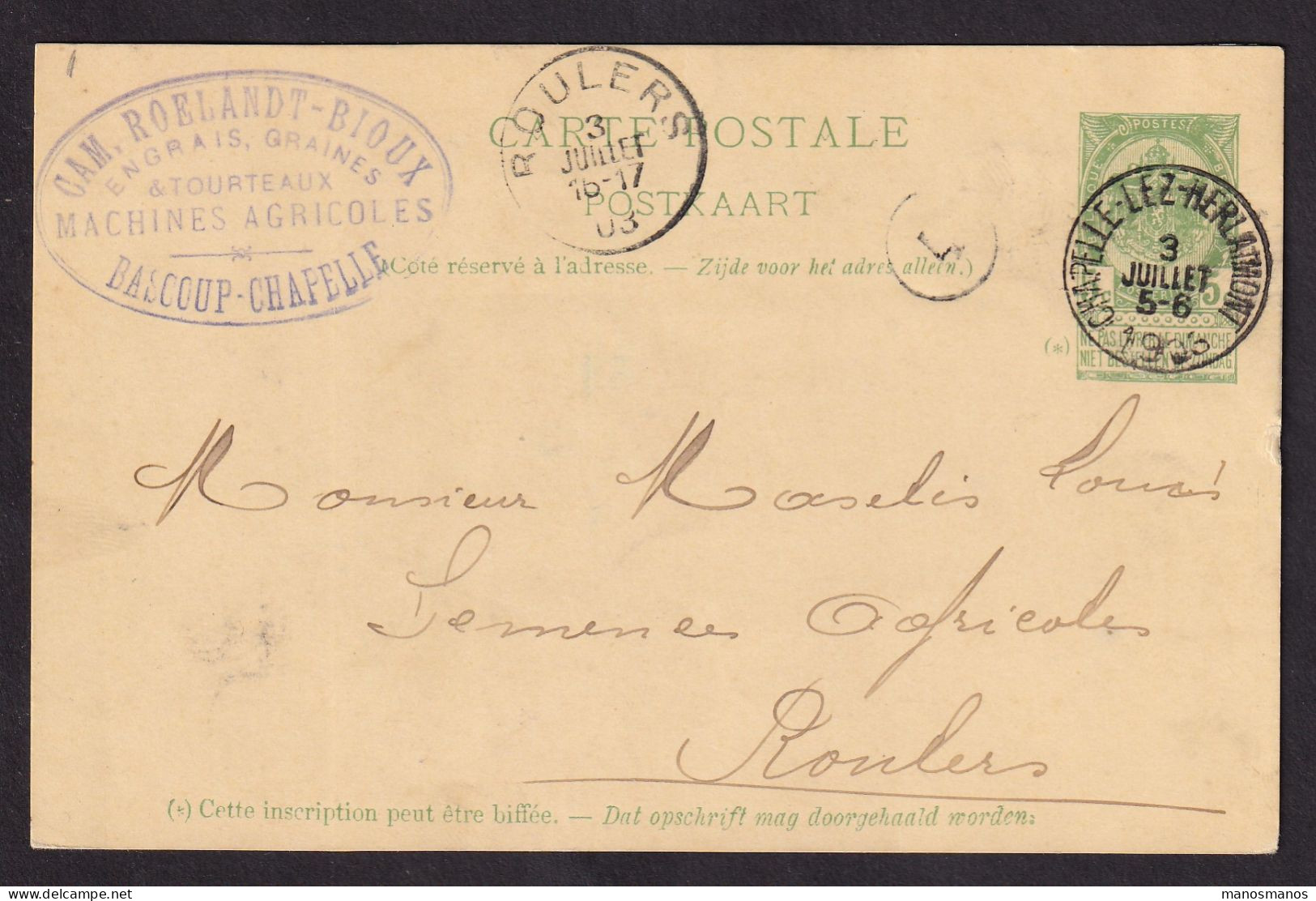 667/40 - Archive Louis MASELIS Roulers -  Entier Postal Armoiries CHAPELLE LEZ HERLAIMONT 1903 - Commande De Mais Blanc - Postcards 1871-1909