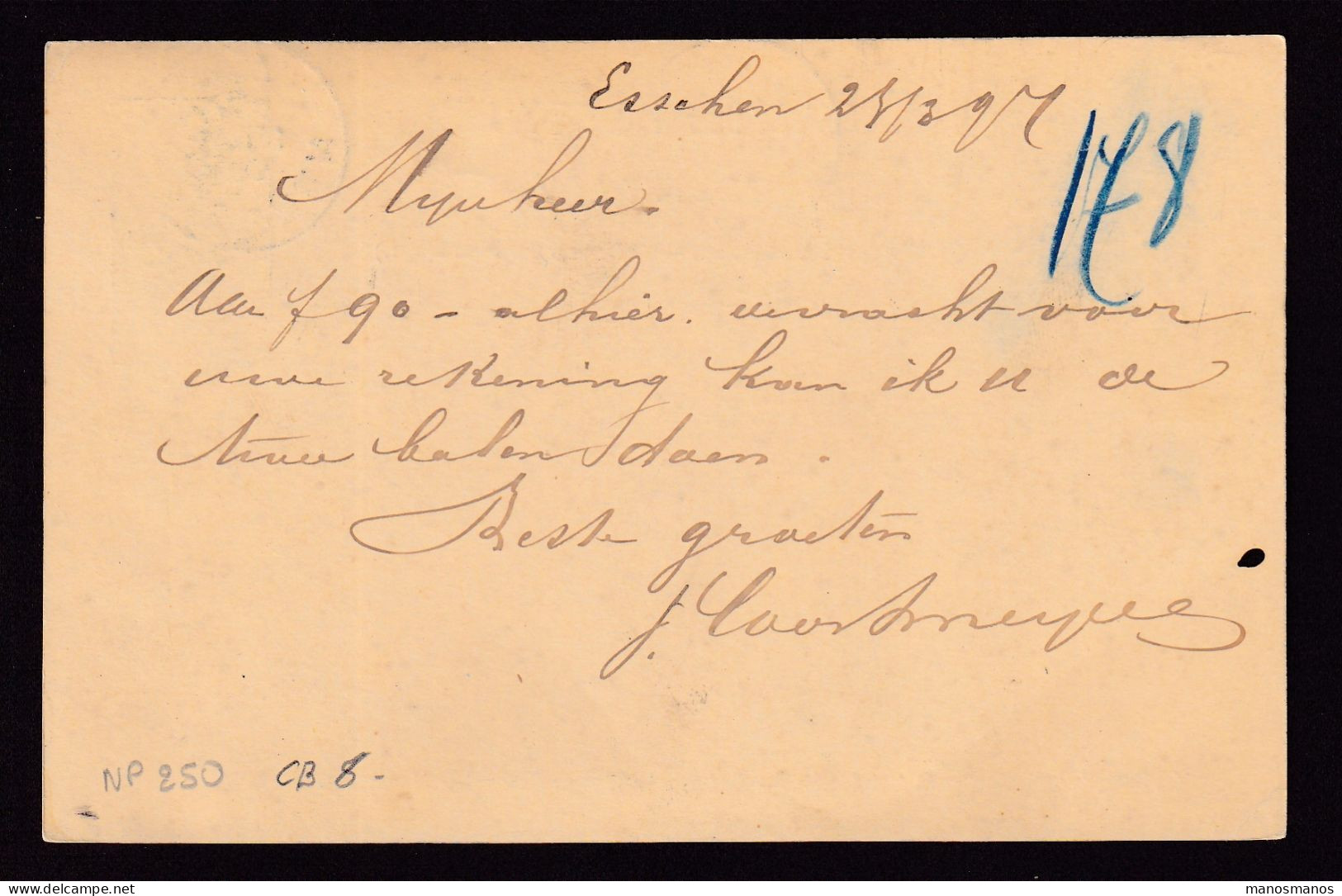 668/40 - Archive Louis MASELIS Roulers -  Entier Postal Armoiries ESSCHEN 1897 - Cartoline 1871-1909