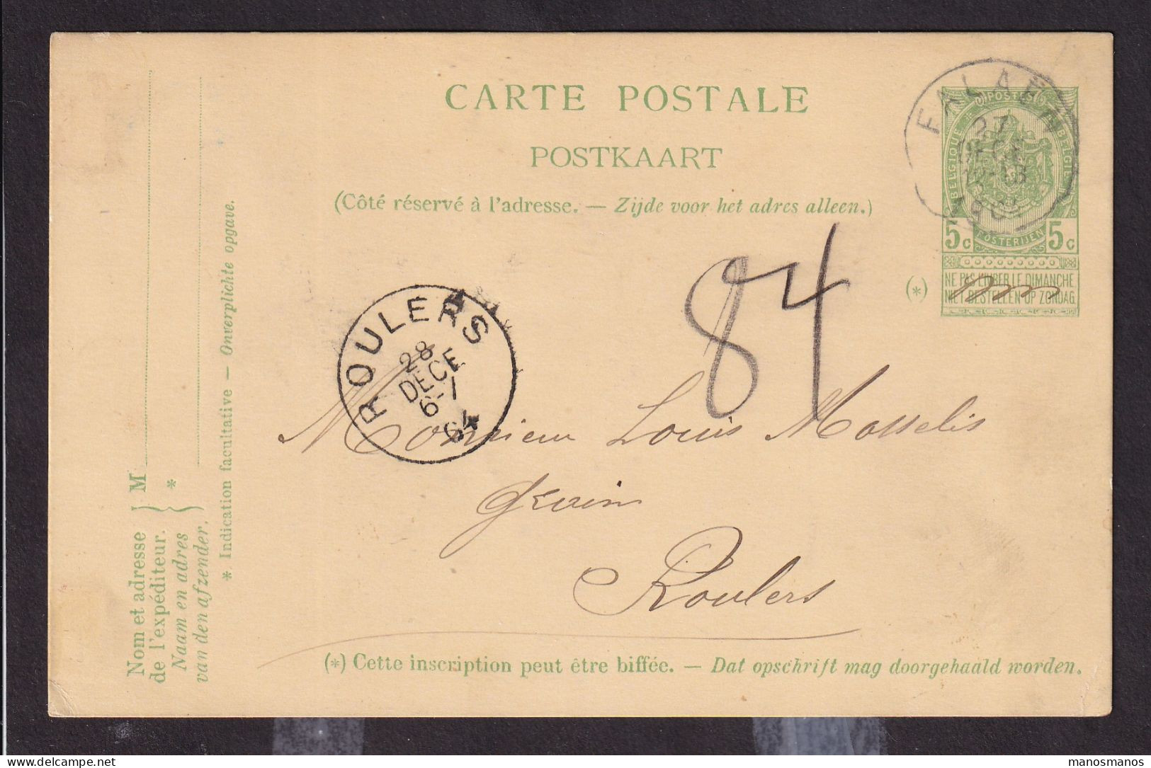 669/40 - Archive Louis MASELIS Roulers -  Entier Postal Armoiries FALAEN 1904 - Signé Hensival - CC. Trèfle Violet - Postcards 1871-1909