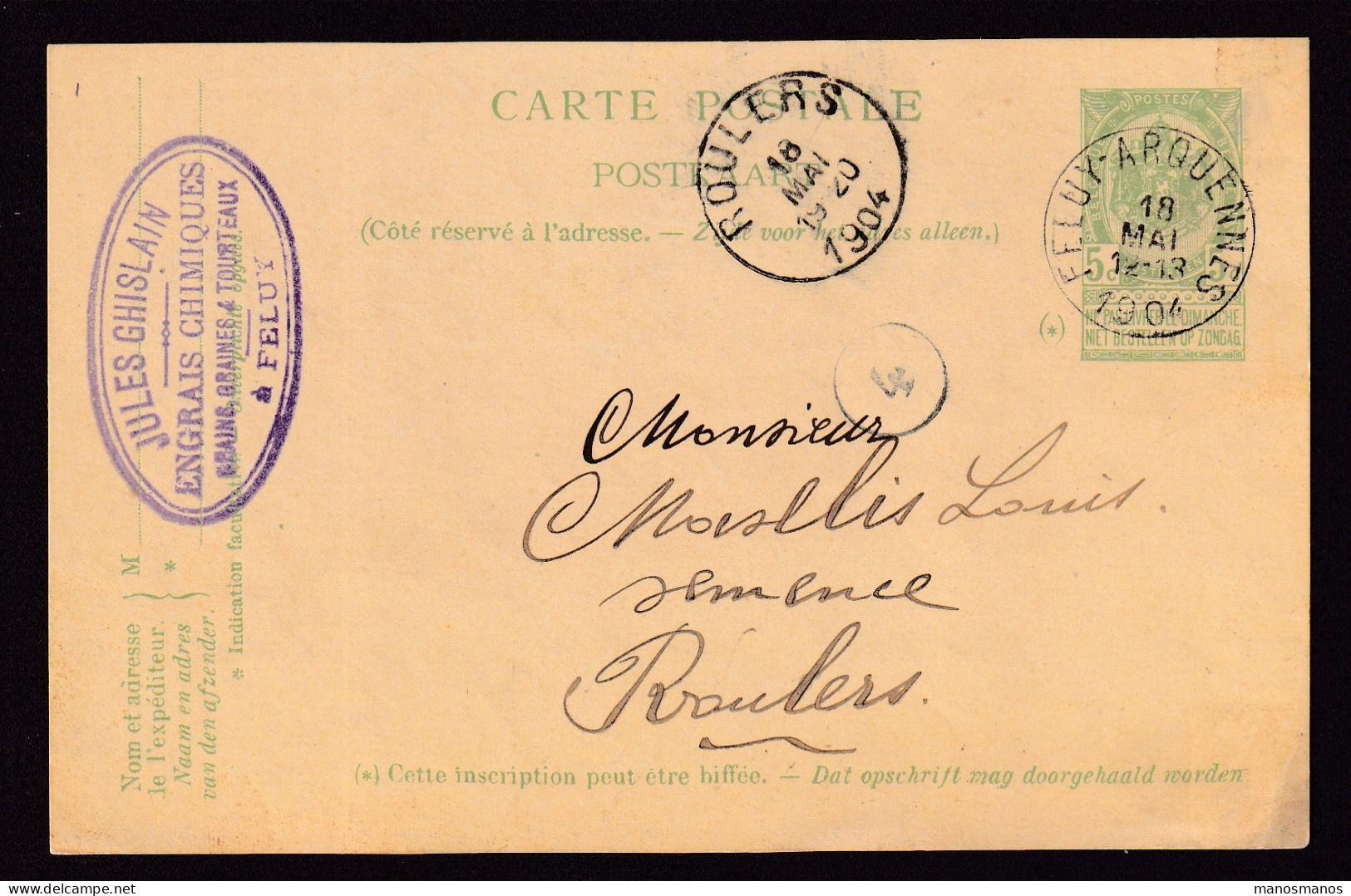 670/40 - Archive Louis MASELIS Roulers -  Entier Postal Armoiries FELUY-ARQUENNES 1904 - Cachet Jules Ghislain, Graines - Cartoline 1871-1909