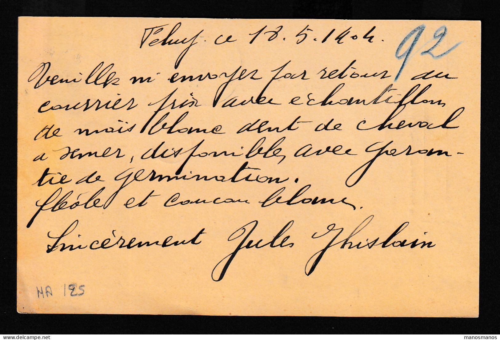 670/40 - Archive Louis MASELIS Roulers -  Entier Postal Armoiries FELUY-ARQUENNES 1904 - Cachet Jules Ghislain, Graines - Briefkaarten 1871-1909