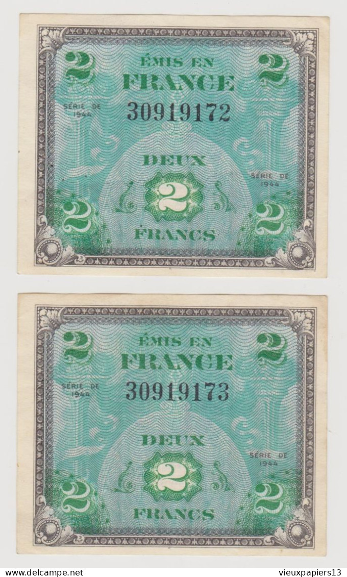 2 Billets Consécutifs 2 FRANCS Série De 1944 Drapeau - En Très Bel état, Sans Plis - 1944 Vlag/Frankrijk