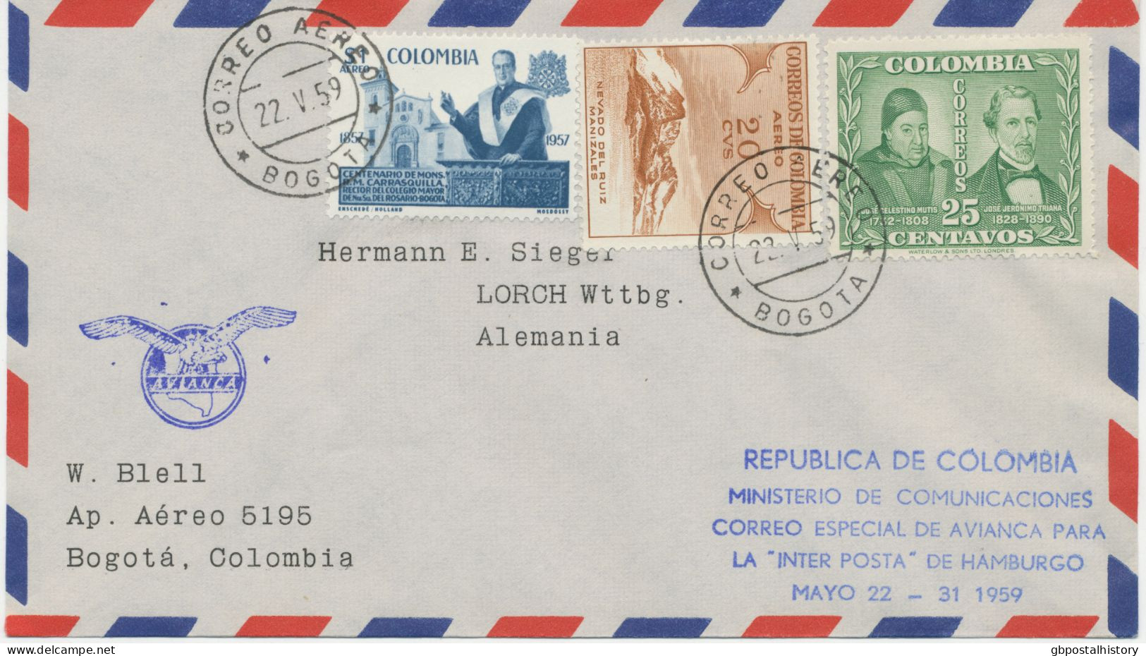 KOLUMBIEN 1959 Selt. Sonderflug Der Kolumbianische Fluggesellschaft AVIANCA Zur INTERPOSTA „BOGOTA, Kolumbien – HAMBURG" - Colombia