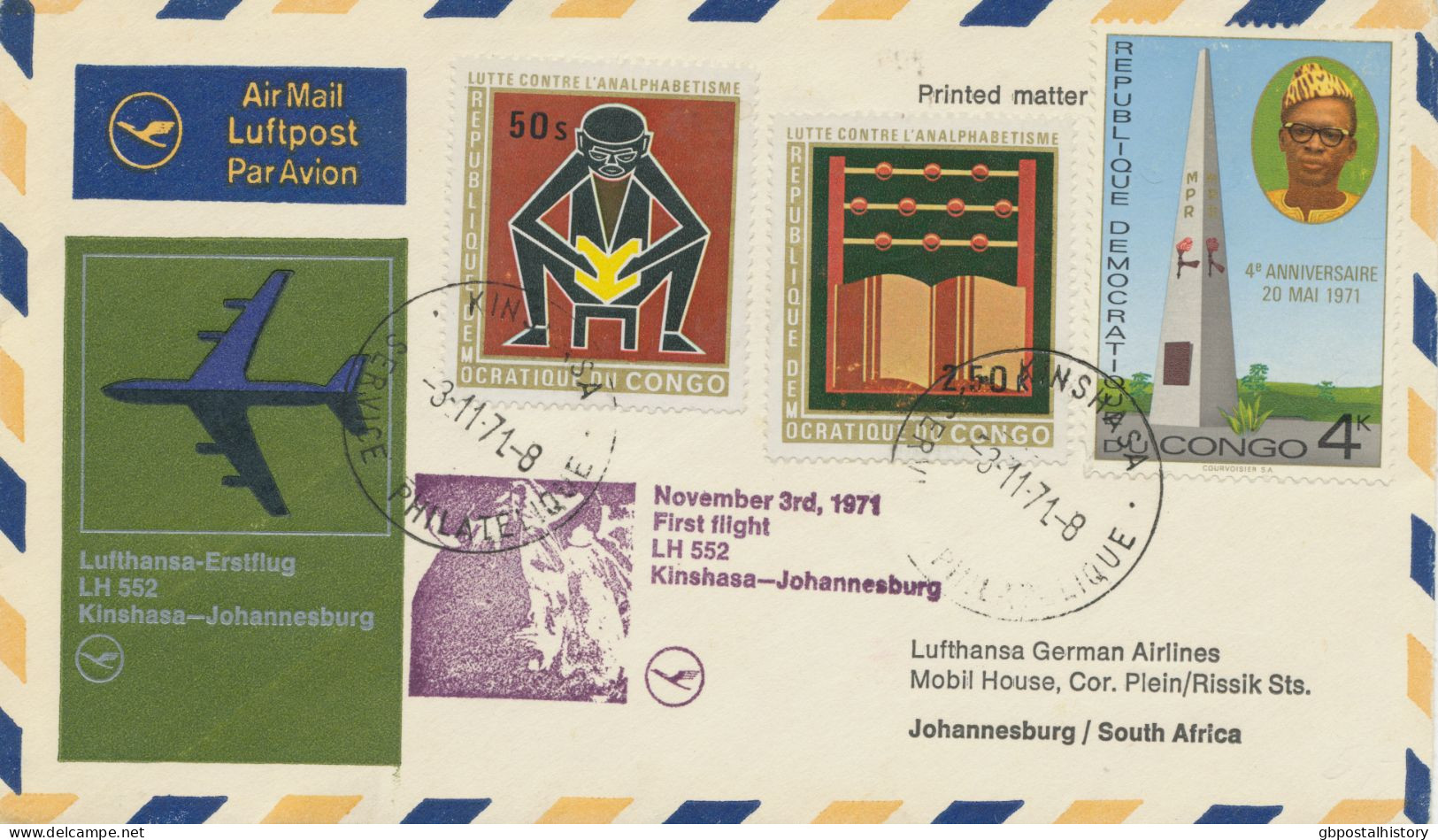 KONGO (KINSHASA) 1971 Erstflug Deutsche Lufthansa M Boeing 707 Flug LH 552 „KINSHASA (Kongo) – JOHANNESBURG (Südafrika)" - Lettres & Documents