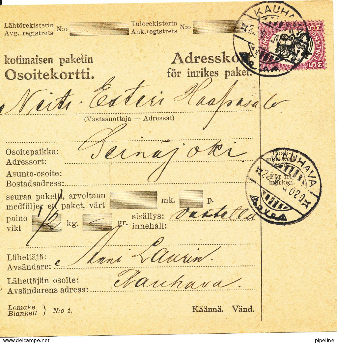 Finland Osoitekortti Adresskort Paket Packet Freight Bill Card Kauhava 22-5-1930 And Backside Seinäjoki 22-5-1930 - Lettres & Documents