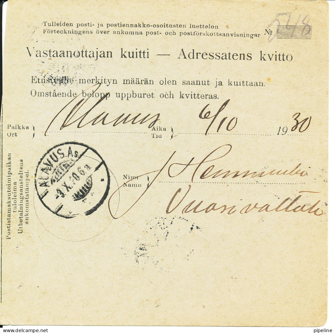 Finland Postiennakko-Osoitekortti Adresskort Packet Freight Bill Card Orimattila 25-4-1929 And Backside Lahti 25-4-1929 - Storia Postale