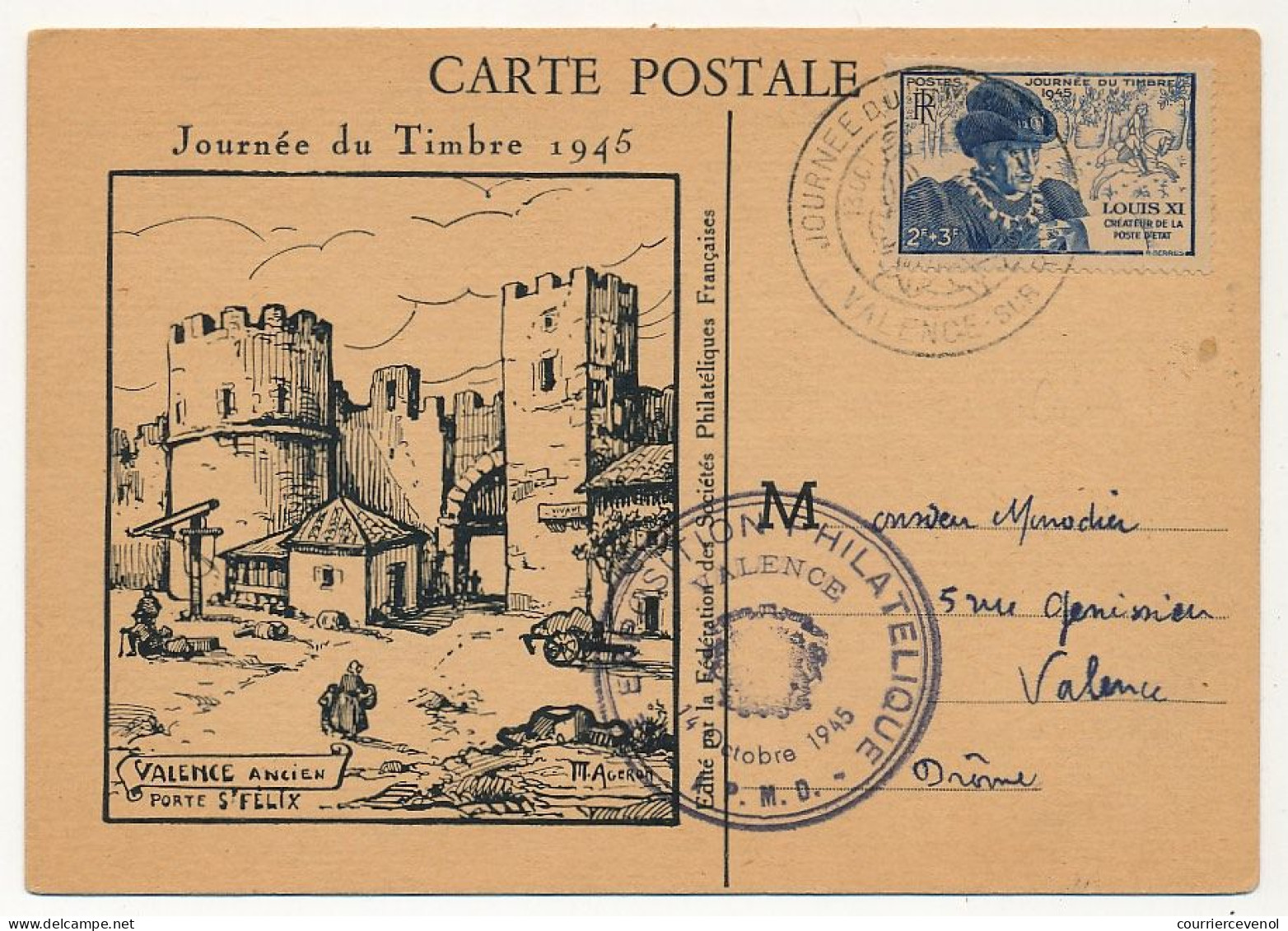 FRANCE - VALENCE - Carte Locale Journée Du Timbre 1945 Affr Louis XI - Stamp's Day