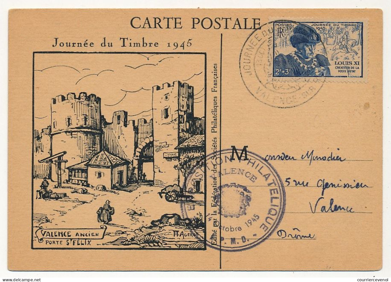 FRANCE - VALENCE - Carte Locale Journée Du Timbre 1945 Affr Louis XI - Giornata Del Francobollo
