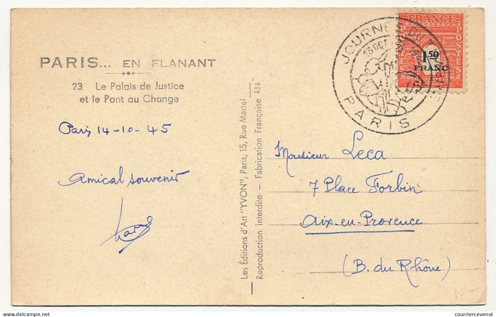 FRANCE => PARIS - Cachet Temp. "Journée Du Timbre" 1945 Sur CP Affr 1,50F Arc De Tiomphe - Storia Postale