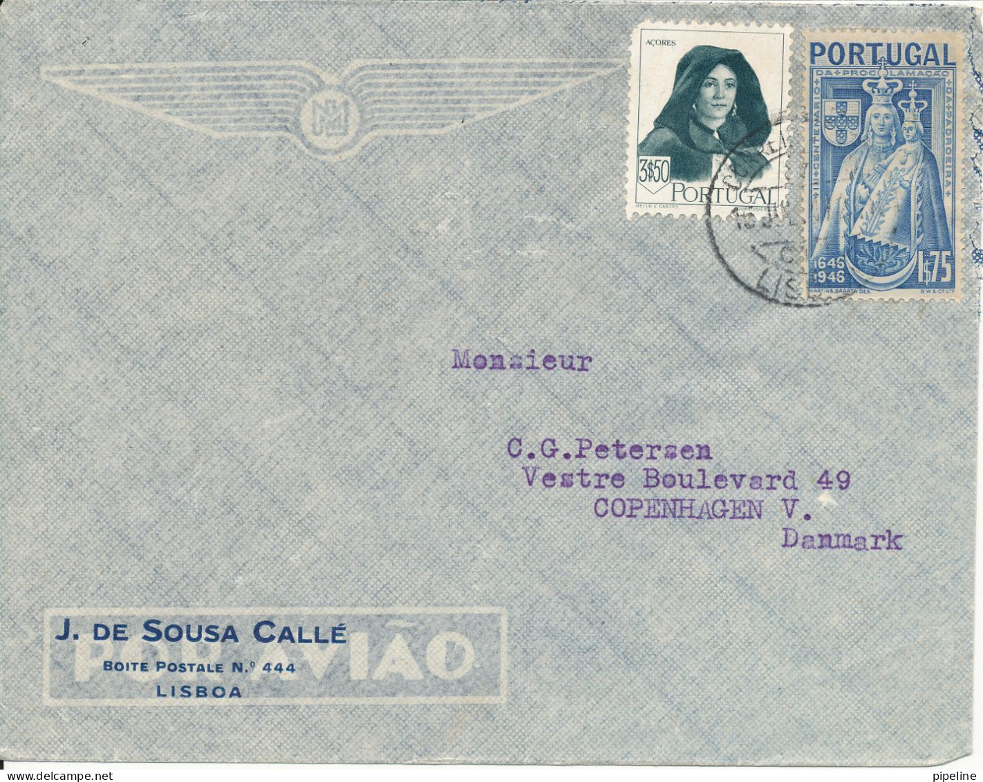 Portugal Air Mail Cover Sent To Denmark 1947?? The 3.50 E. Stamp Is Damaged - Lettres & Documents